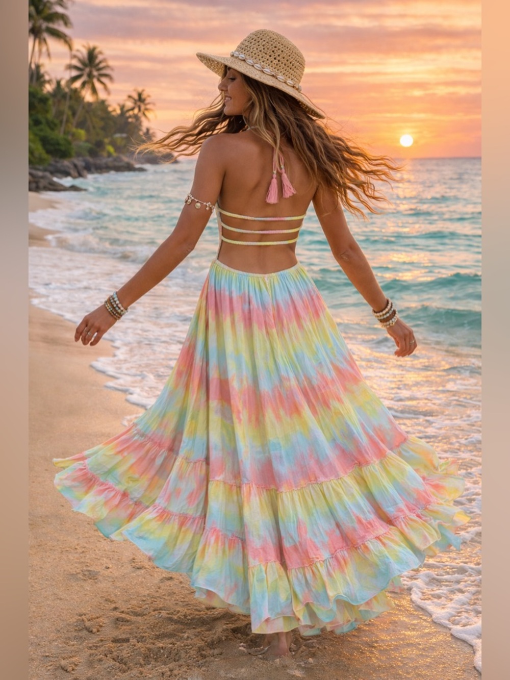 🌺 Tiare Hawaii Naia Smocked Halter Maxi Dress Bali Summer Boho Beach Resort ☀️ - Picture 4 of 12